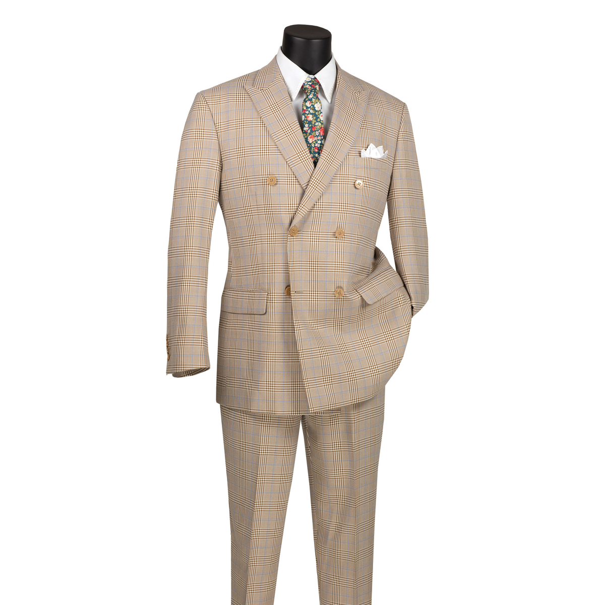 Beige Glen plaid double-breasted suit with peak lapels and matching trousers, front view.