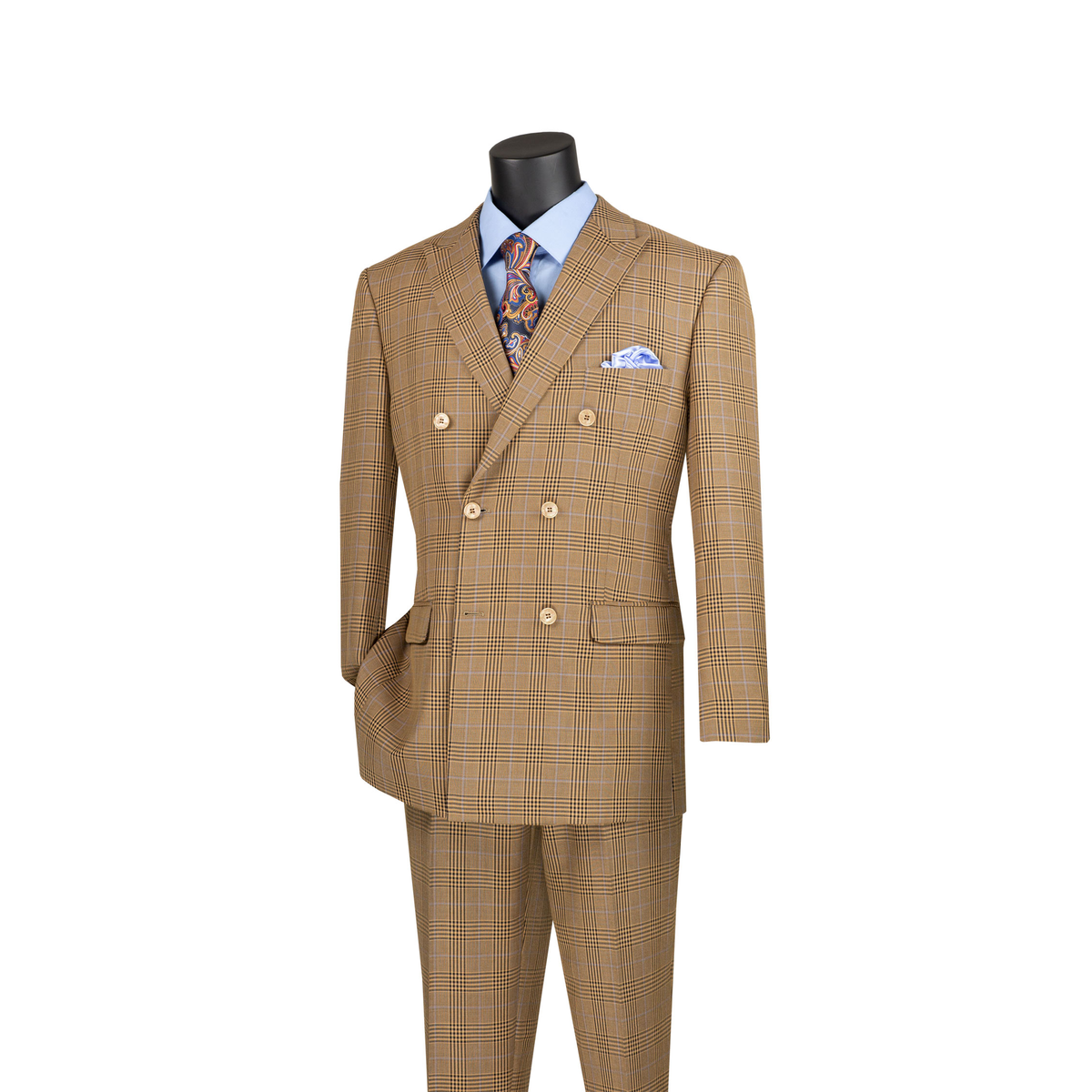 Mocha Glen plaid double-breasted suit with peak lapels and matching trousers, front view.