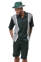 Emerald green checker plaid color block short sleeve walking suit set with matching shorts