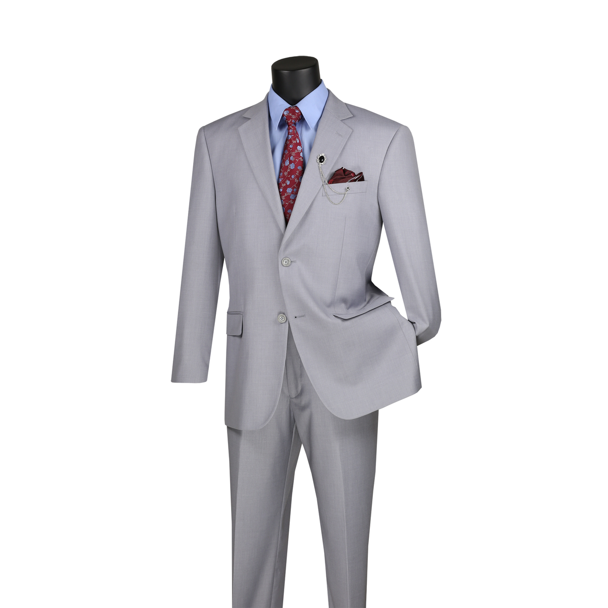 Light gray two-piece suit with a two-button notch-lapel jacket and matching trousers, front view.