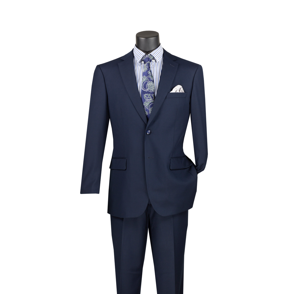 Navy two-piece suit with a two-button notch-lapel jacket and matching trousers, front view.
