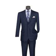 Navy two-piece suit with a two-button notch-lapel jacket and matching trousers, front view.