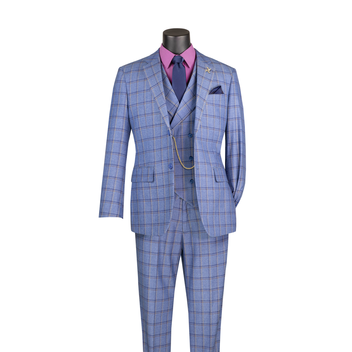Blue windowpane plaid three-piece suit with notch lapels, a double-breasted vest and matching trousers, front view.
