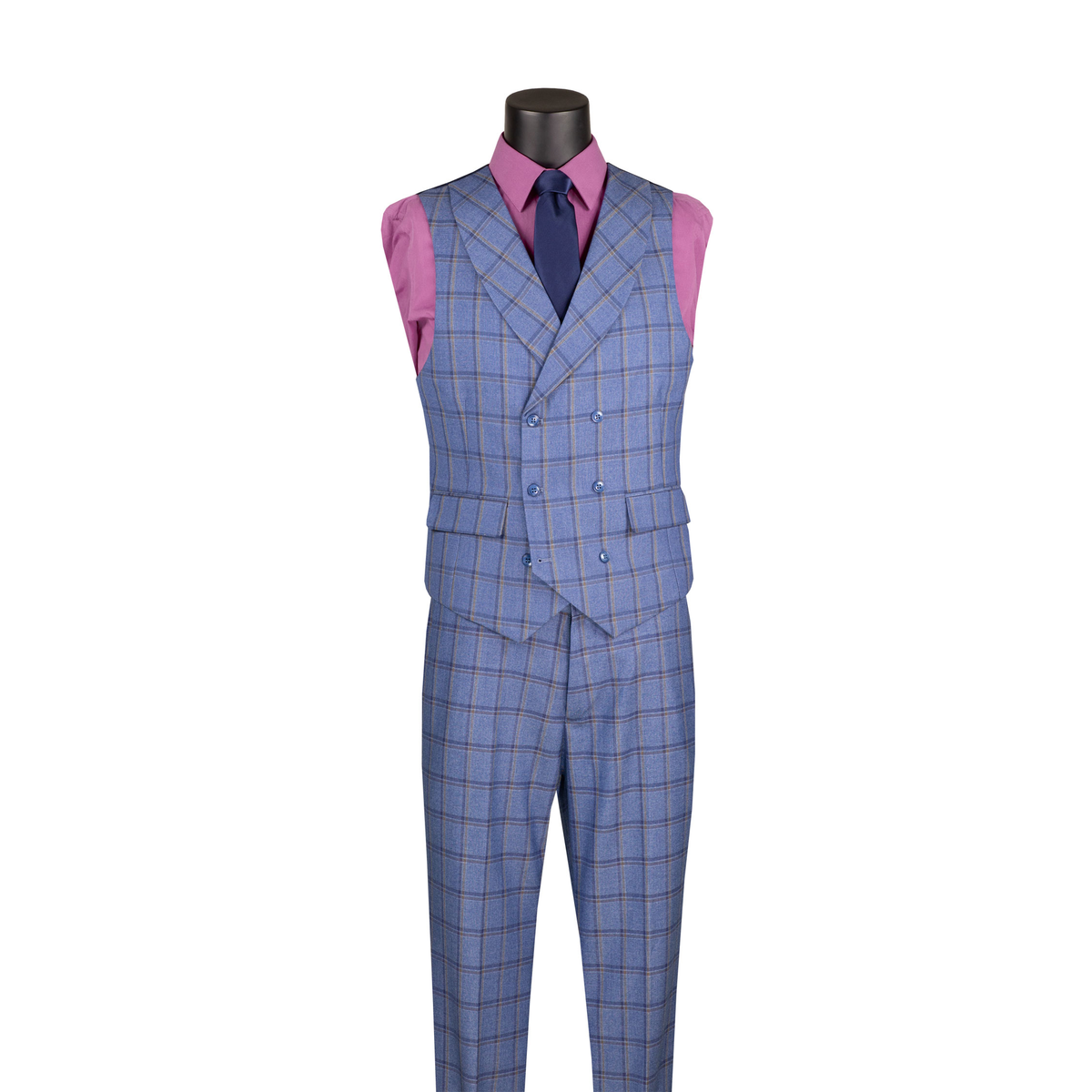 Blue windowpane plaid double-breasted vest with matching trousers, shown without the suit jacket.