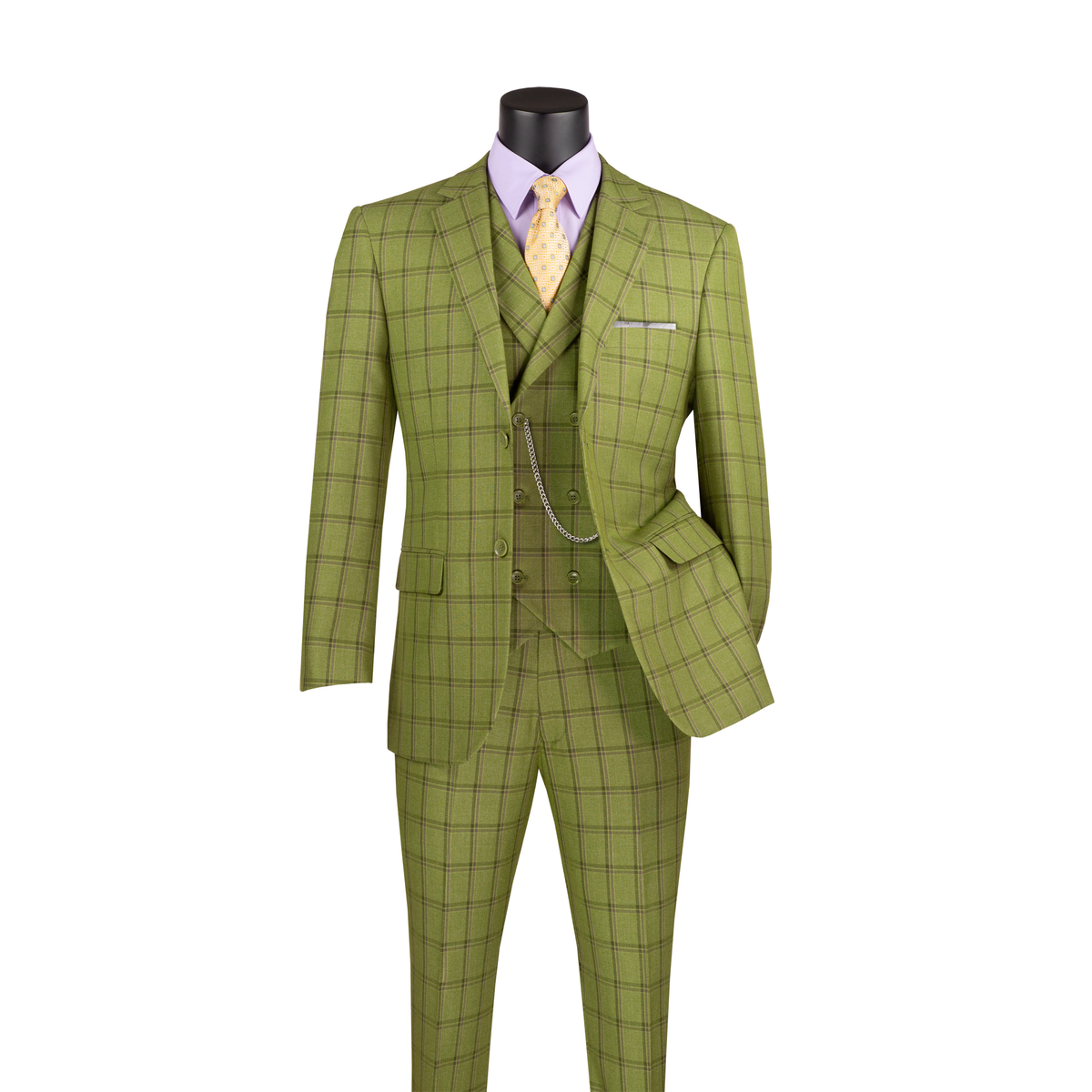 Moss green windowpane plaid three-piece suit with notch lapels, a double-breasted vest and matching trousers.
