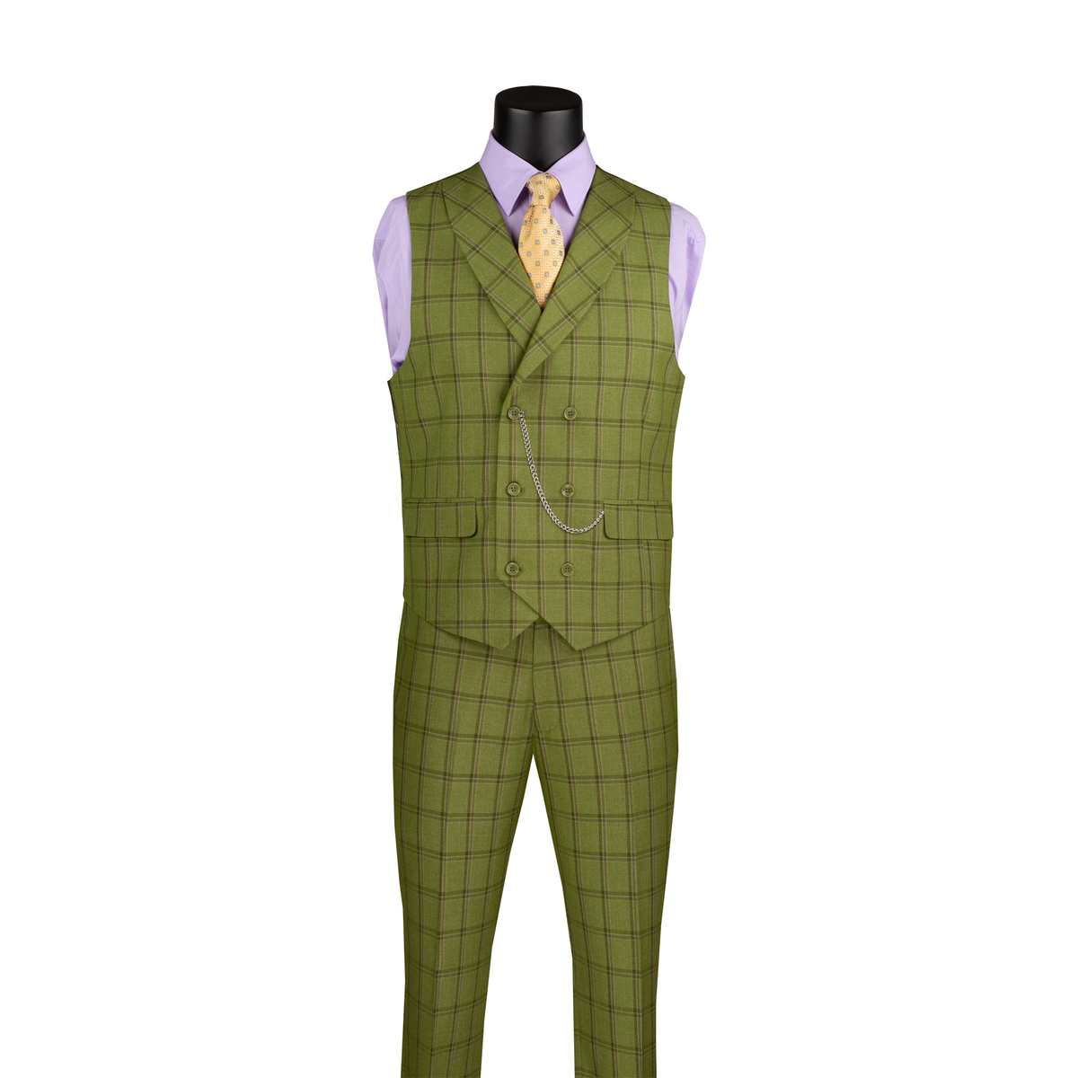 Moss green windowpane plaid double-breasted vest with matching trousers, shown without the suit jacket.