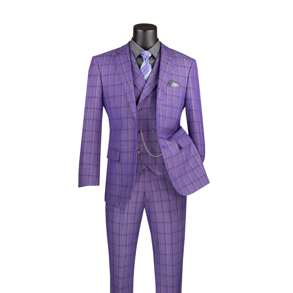 Purple windowpane plaid three-piece suit with notch lapels, a double-breasted vest and matching trousers.