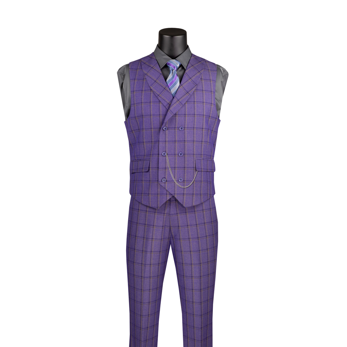 Purple windowpane plaid double-breasted vest with matching trousers, shown without the suit jacket.