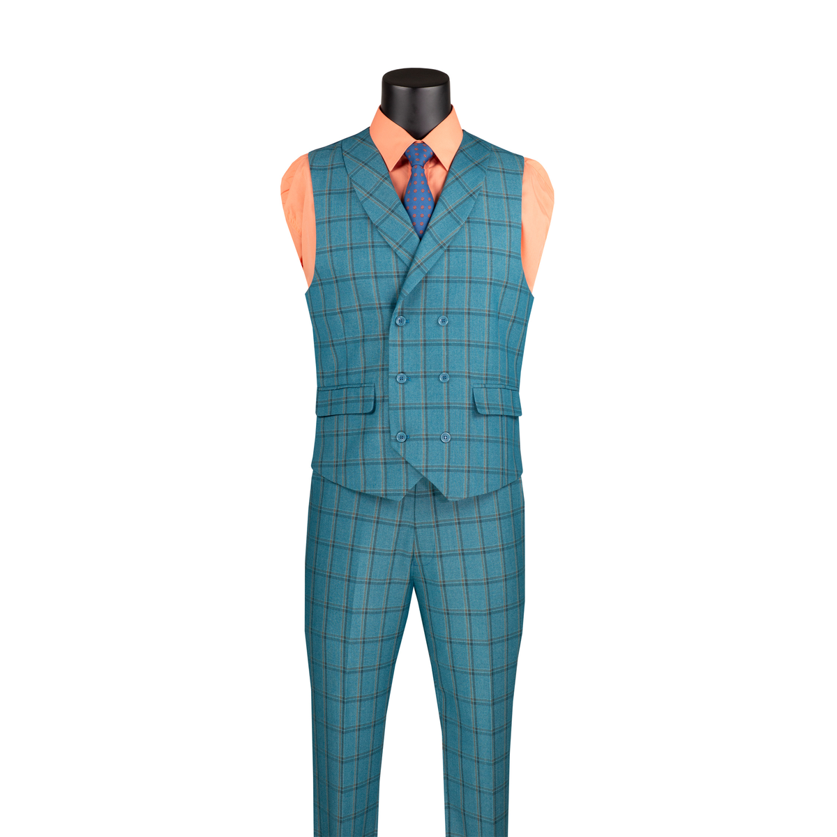 Teal windowpane plaid double-breasted vest with matching trousers, shown without the suit jacket.