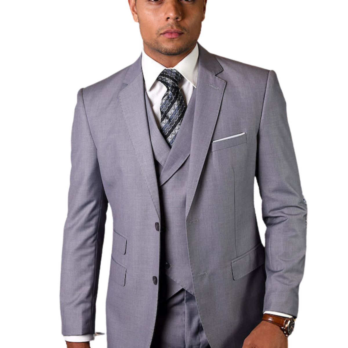 Grey 3PC Suit | Modern Fit, Flat Front Pants, Double Breasted Vest ...