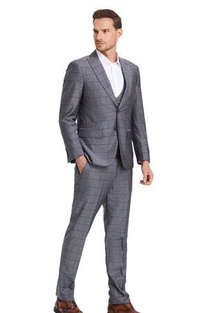 Poseidon Collection: 3-Piece Slim Fit Windowpane Suit For Men In Grey