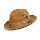 Cappuccino H-10 wool felt fedora by Montique - angled view with feather accent and snap brim
