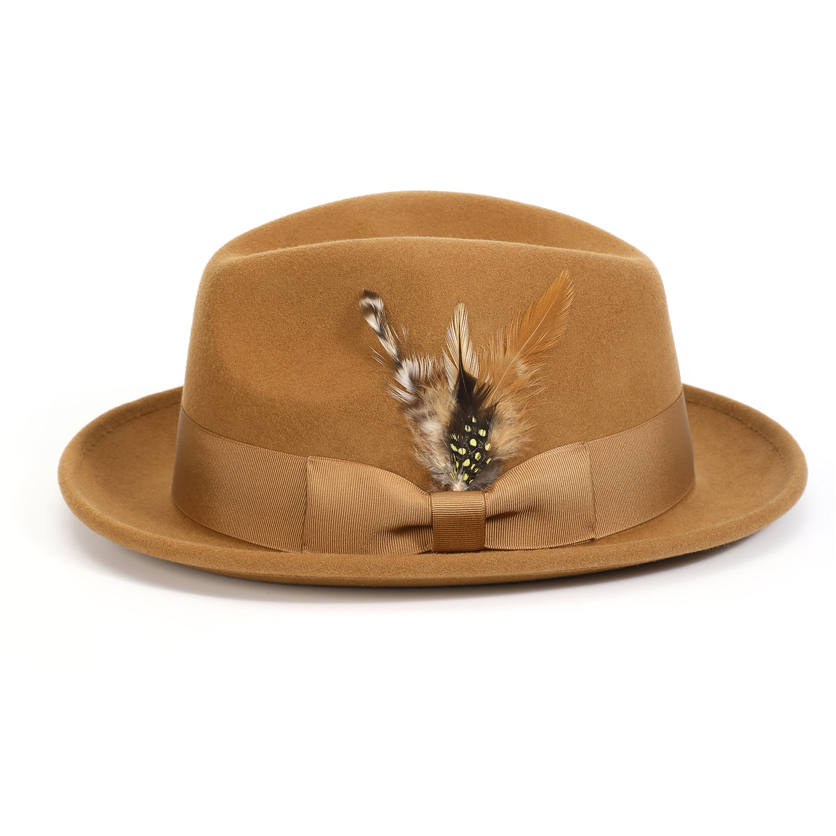 Cappuccino H-10 wool felt fedora by Montique - front view with feather accent