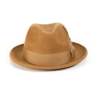 Cappuccino H-10 wool felt fedora by Montique - rear view of pinch crown and grosgrain ribbon