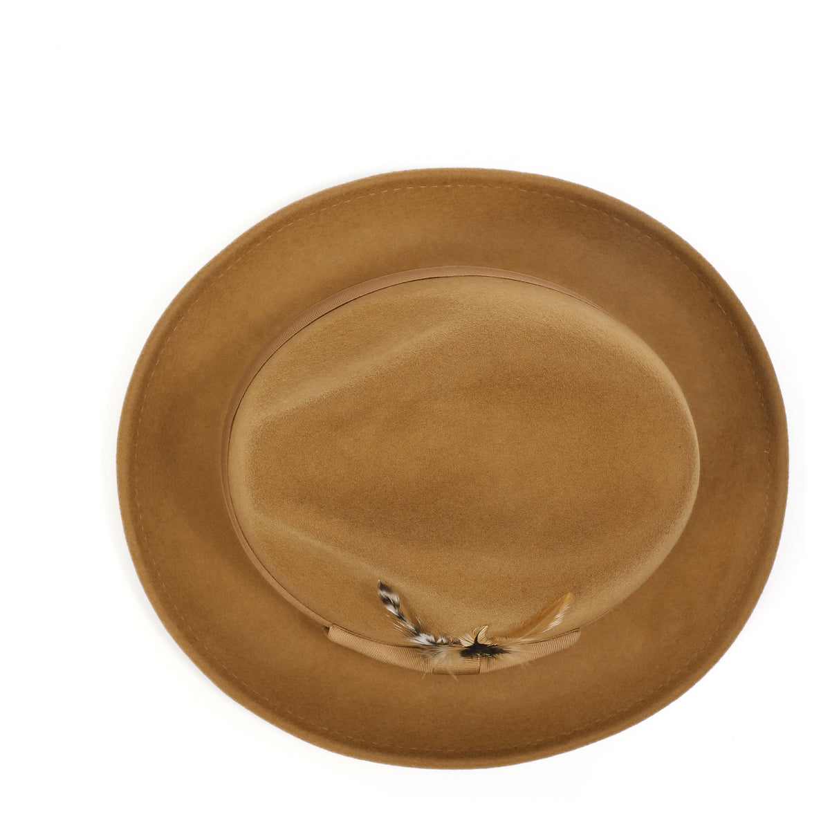 Cappuccino H-10 wool felt fedora by Montique - top view of pinch crown and brim