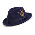 Navy H-10 wool felt fedora by Montique - angled view with feather accent and snap brim