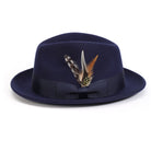 Navy H-10 wool felt fedora by Montique - front view with feather accent