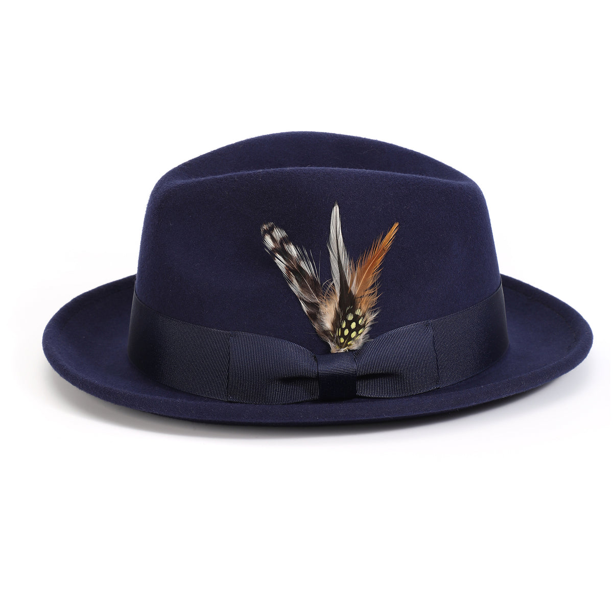 Navy H-10 wool felt fedora by Montique - front view with feather accent