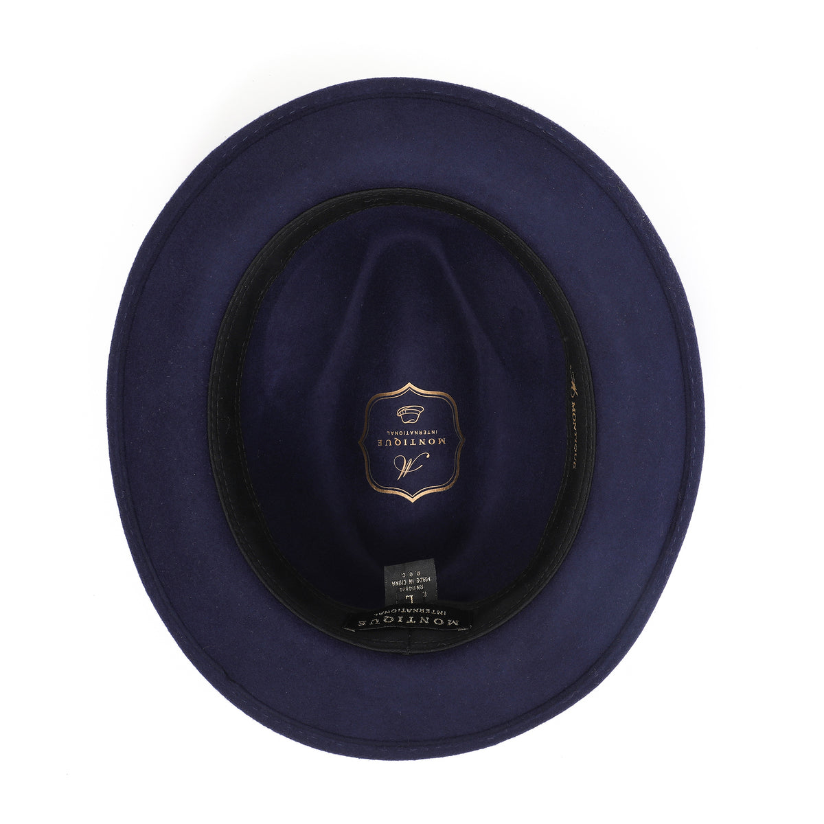 Navy H-10 wool felt fedora by Montique - interior view with sweatband