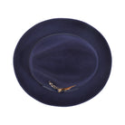 Navy H-10 wool felt fedora by Montique - top view of pinch crown and brim