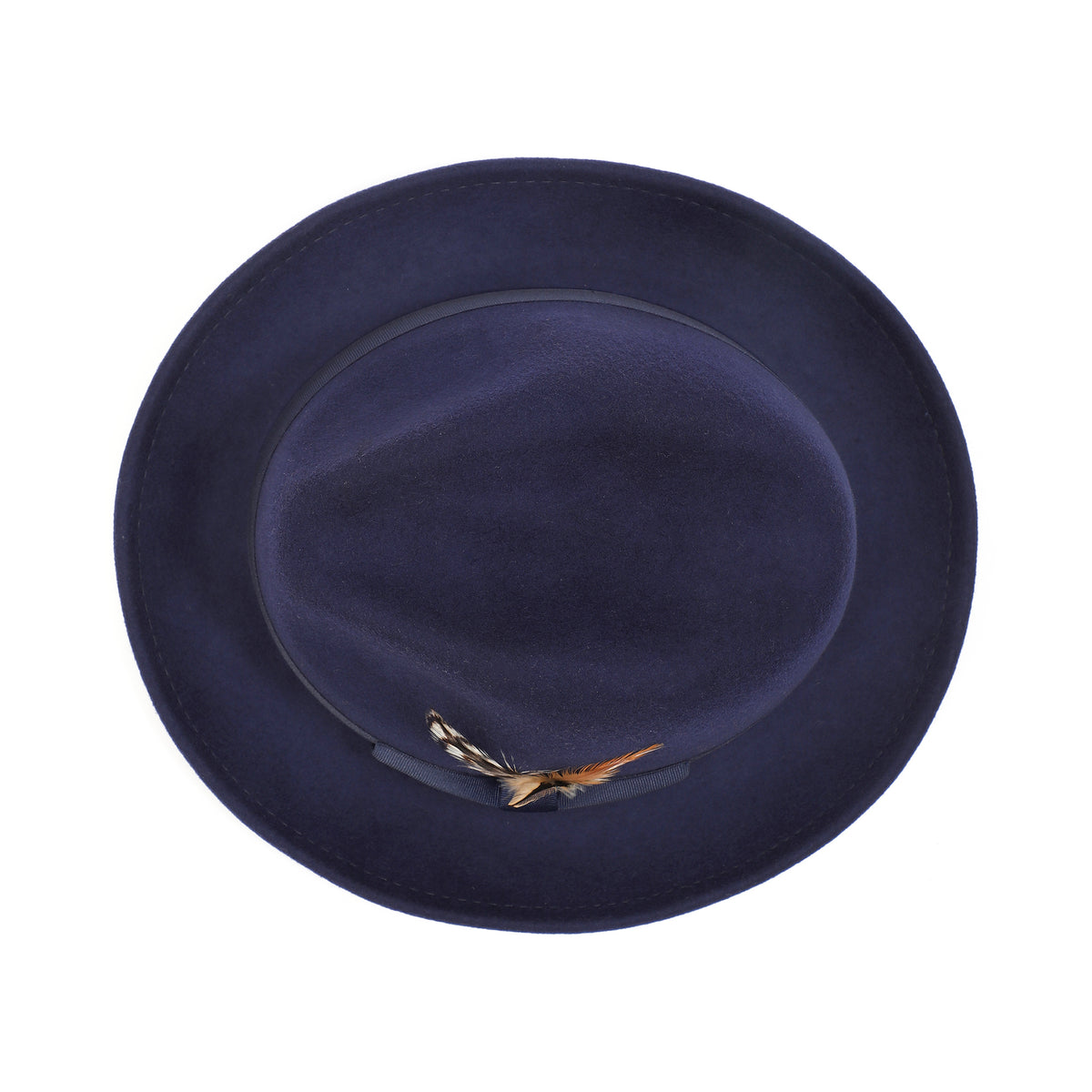 Navy H-10 wool felt fedora by Montique - top view of pinch crown and brim