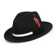 Black Felt Fedora Hat with White Band and Red Feather by Montique