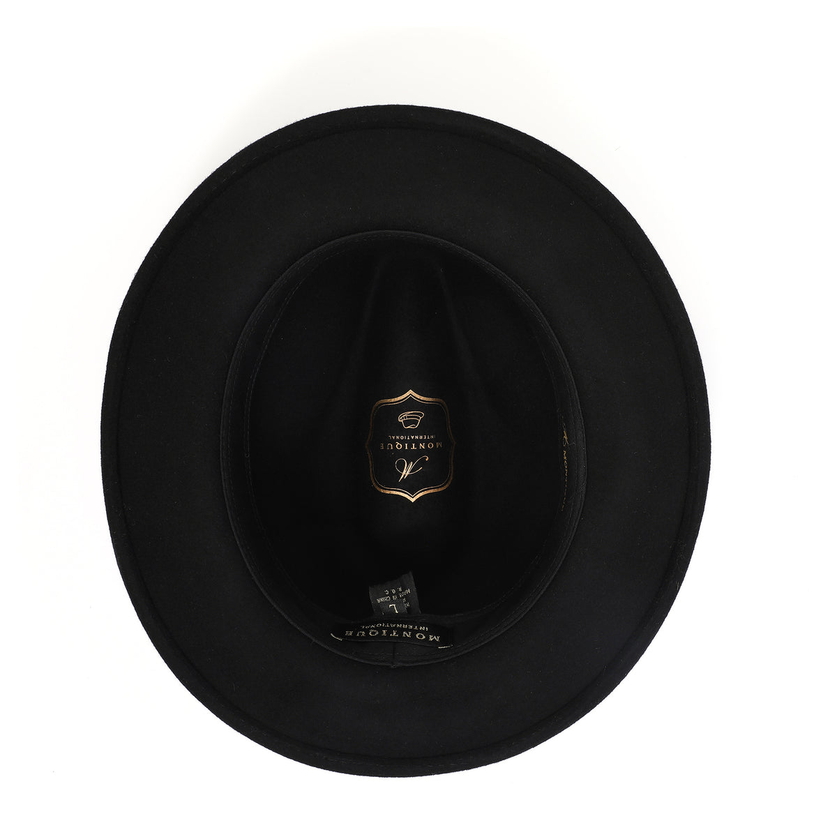 Black H-100 felt fedora by Montique - interior and sweatband