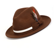 Brown Felt Fedora Hat with White Band and Red Feather by Montique