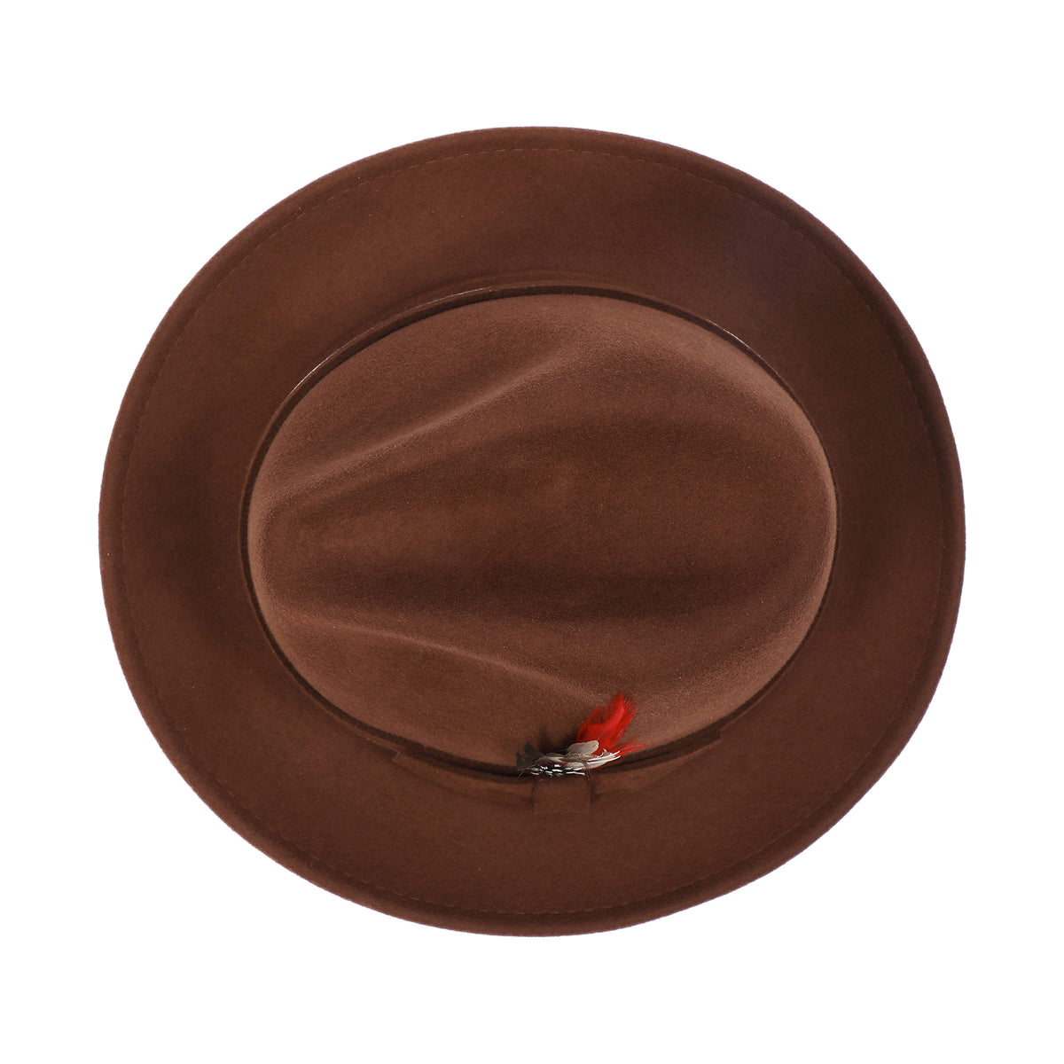 Brown H-100 felt fedora by Montique - top view of crown and brim