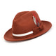 Cognac Felt Fedora Hat with White Band and Red Feather by Montique