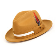Gold Felt Fedora Hat with White Band and Red Feather by Montique