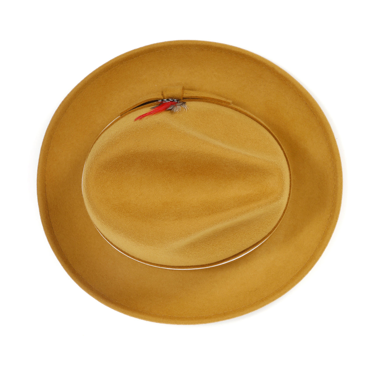 Gold H-100 felt fedora by Montique - top view of crown and brim