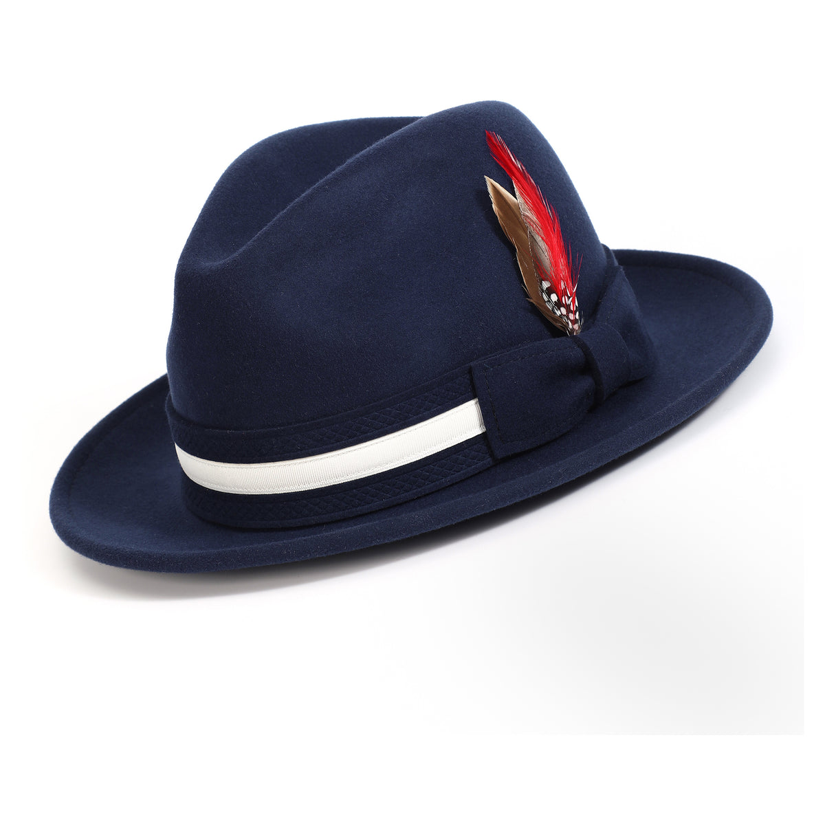 Navy Felt Fedora Hat with White Band and Red Feather by Montique