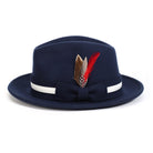 Navy H-100 felt fedora by Montique - front view with white band and feather accent