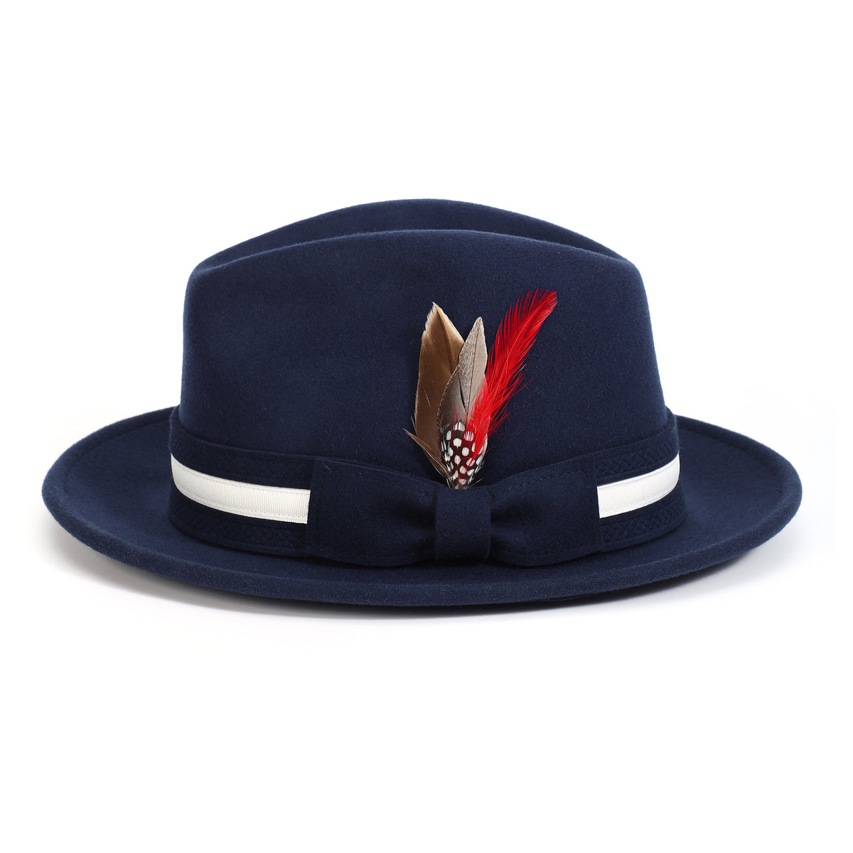 Navy H-100 felt fedora by Montique - front view with white band and feather accent