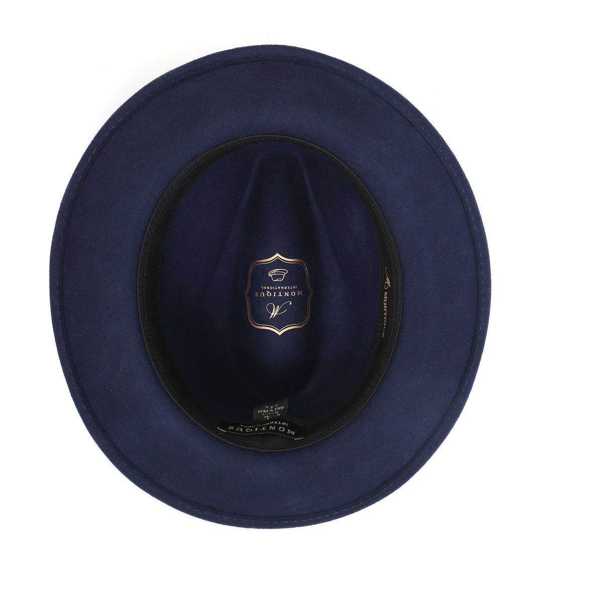 Navy H-100 felt fedora by Montique - interior and sweatband