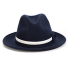 Navy H-100 felt fedora by Montique - rear view of white grosgrain band