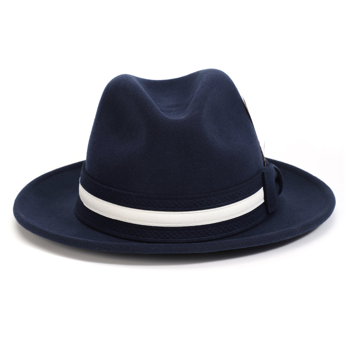 Navy H-100 felt fedora by Montique - rear view of white grosgrain band