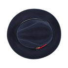 Navy H-100 felt fedora by Montique - top view of pinch crown and brim