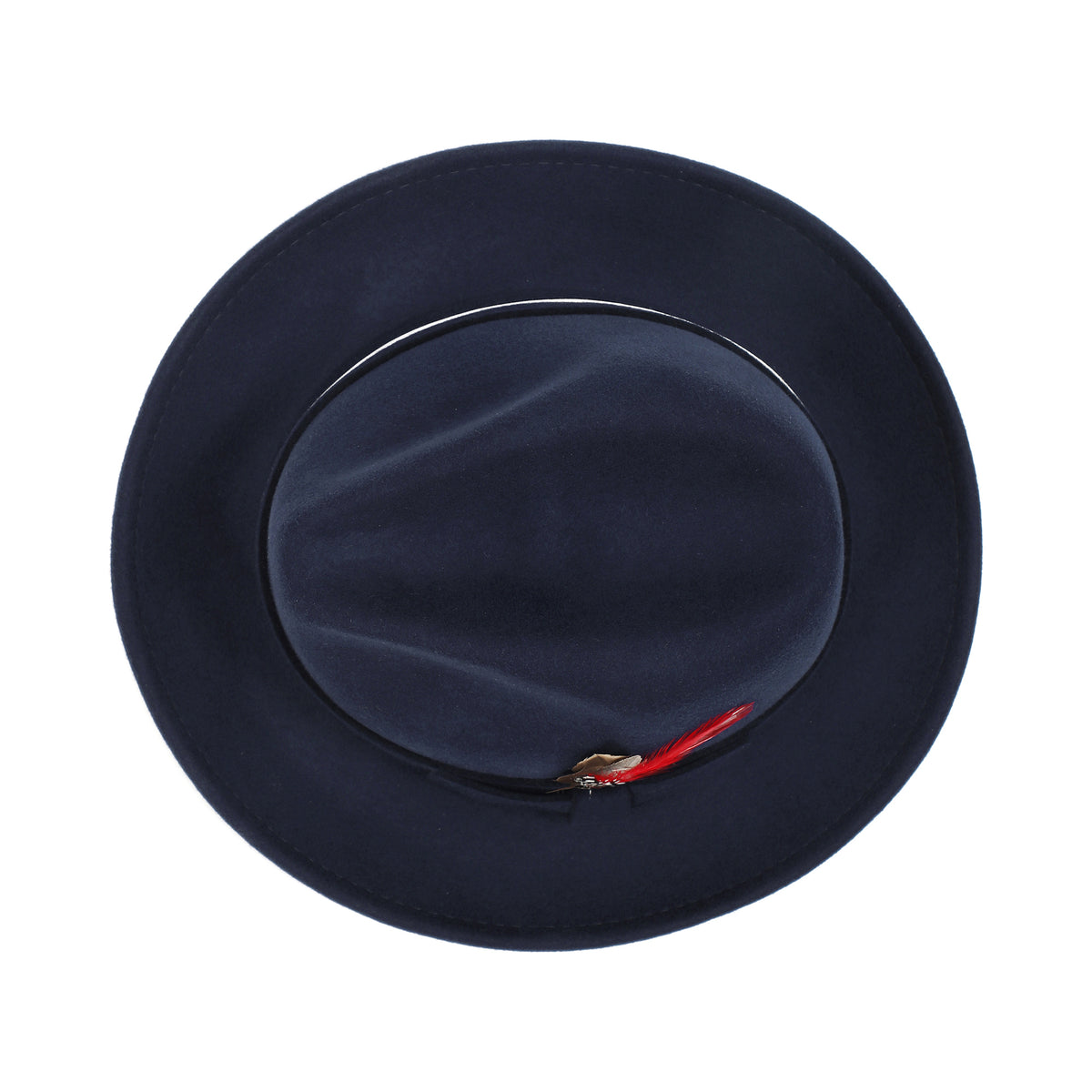 Navy H-100 felt fedora by Montique - top view of pinch crown and brim