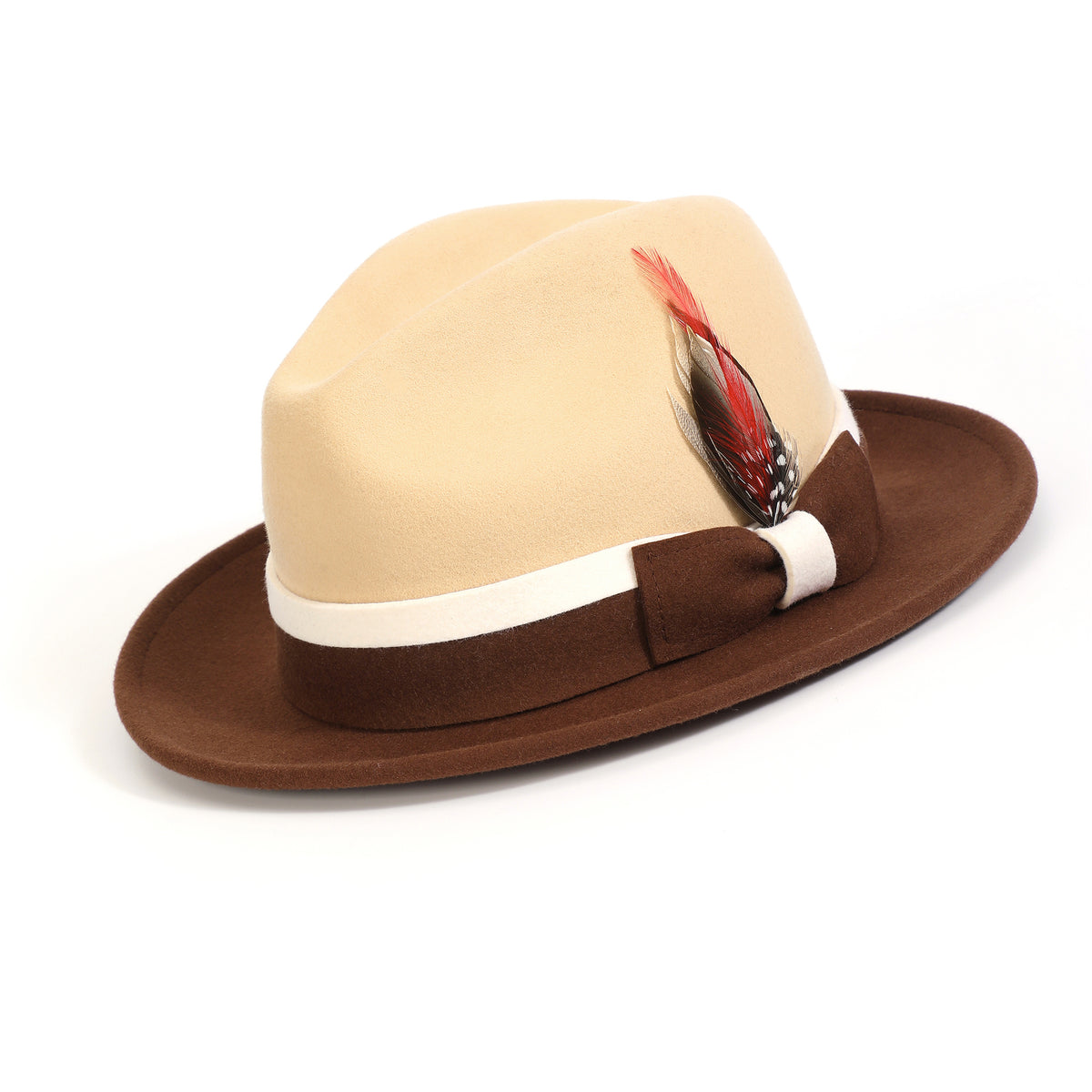 Brown Beige Wide Brim Fedora Hat with White Band by Montique