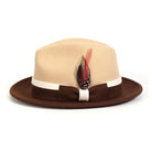Brown and beige H-101 felt fedora by Montique - front view with white band, bow, and feather