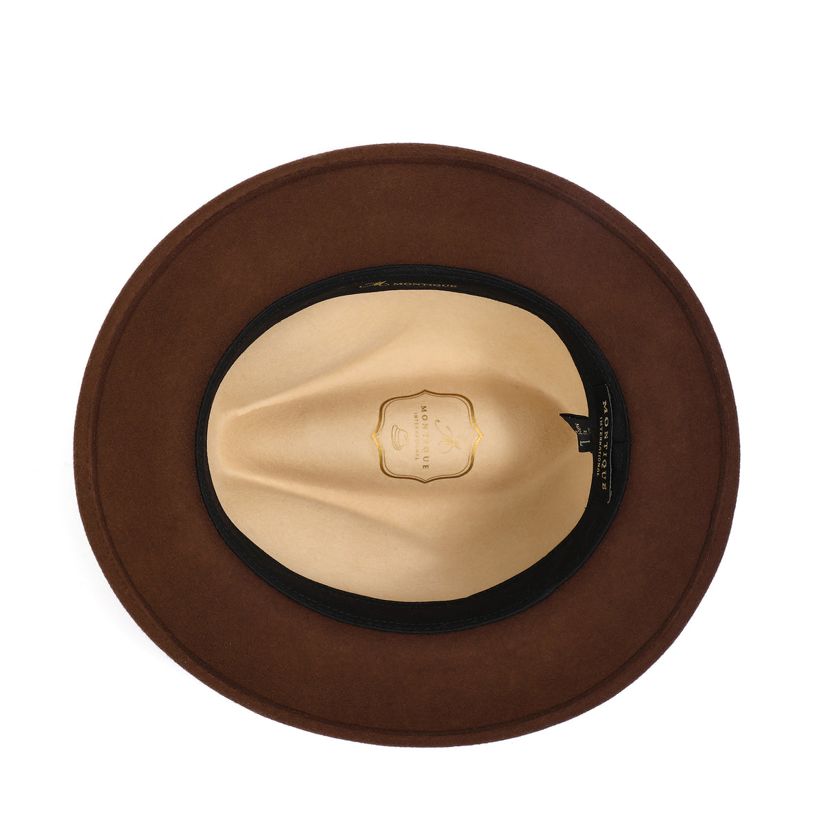 Brown and beige H-101 felt fedora by Montique - interior and sweatband