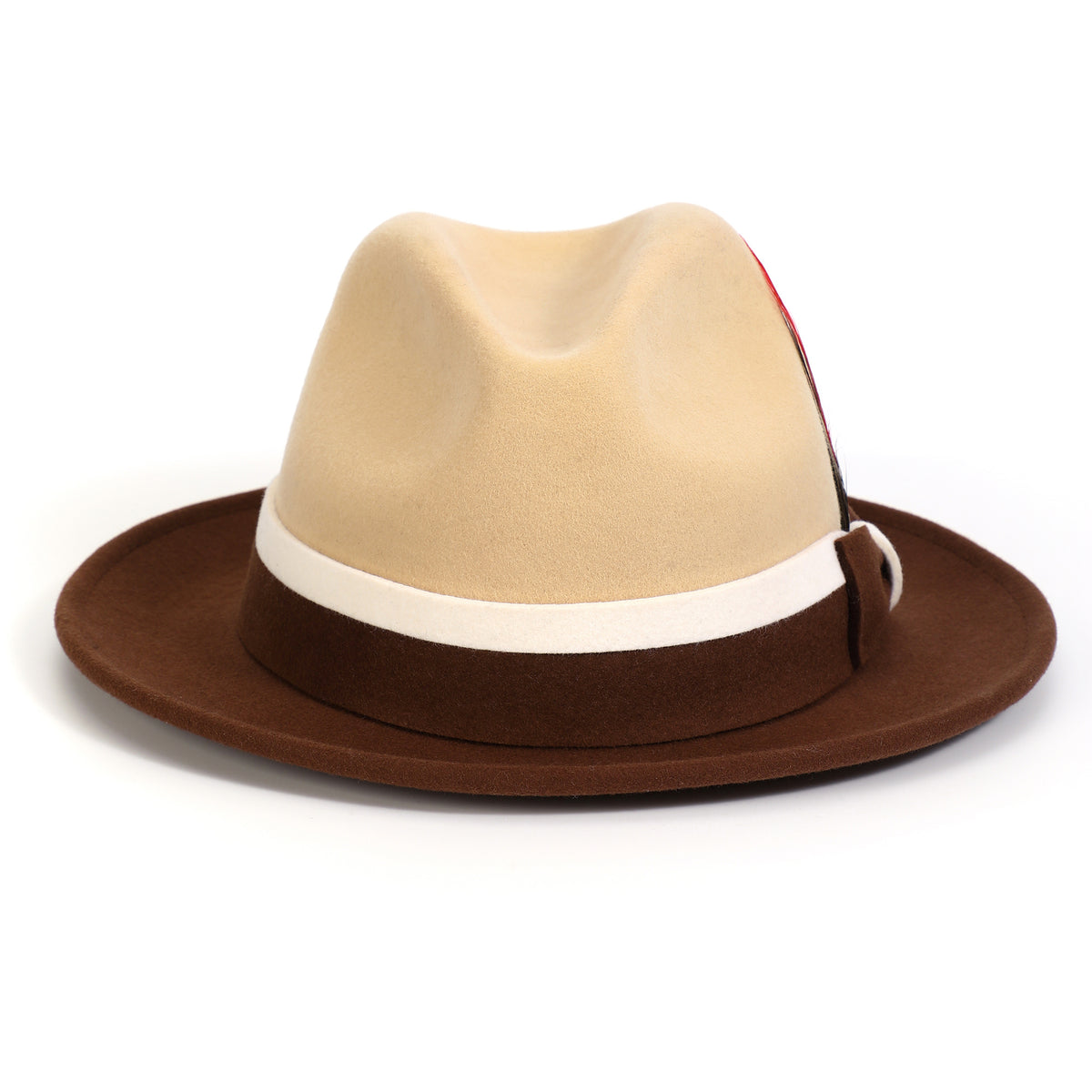 Brown and beige H-101 felt fedora by Montique - rear view of crown, brim, and band