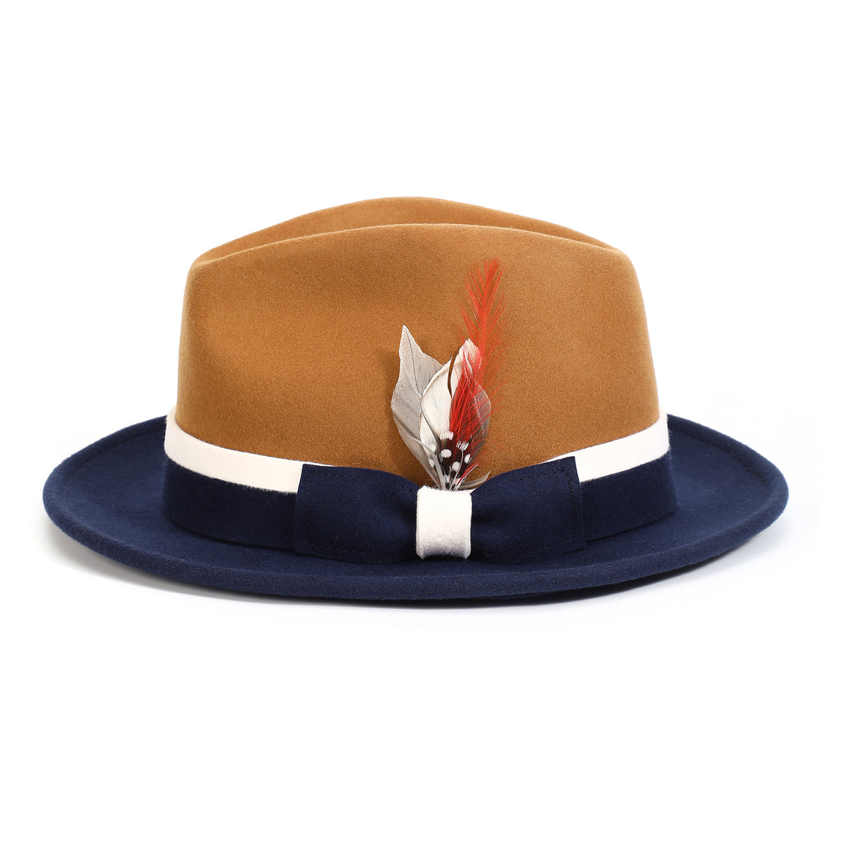 Cappuccino and navy H-101 felt fedora by Montique - front view