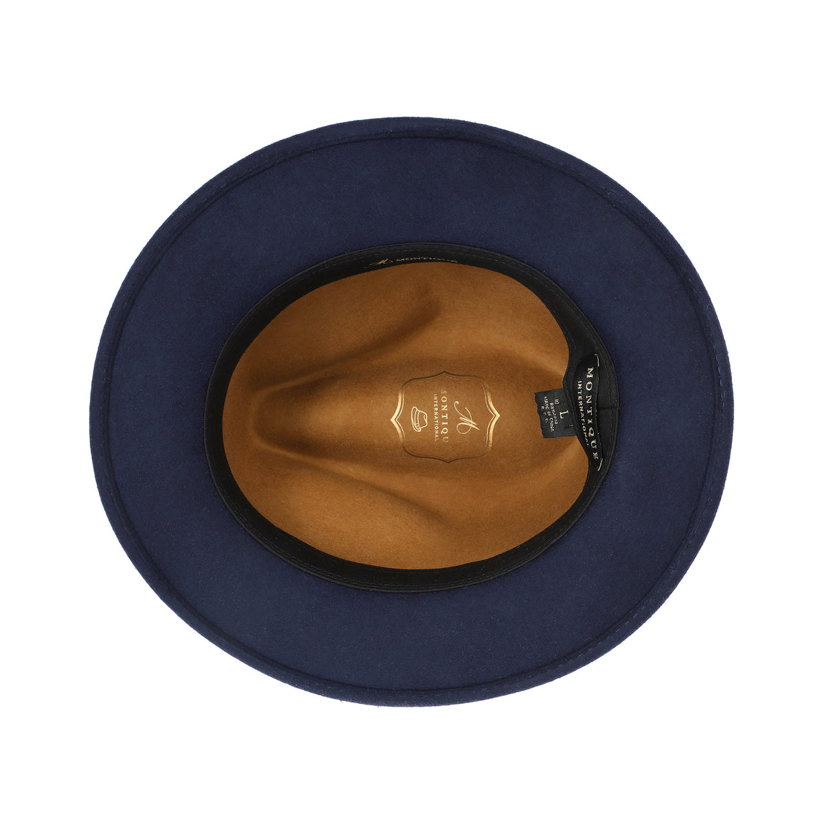Cappuccino and navy H-101 felt fedora by Montique - interior and sweatband