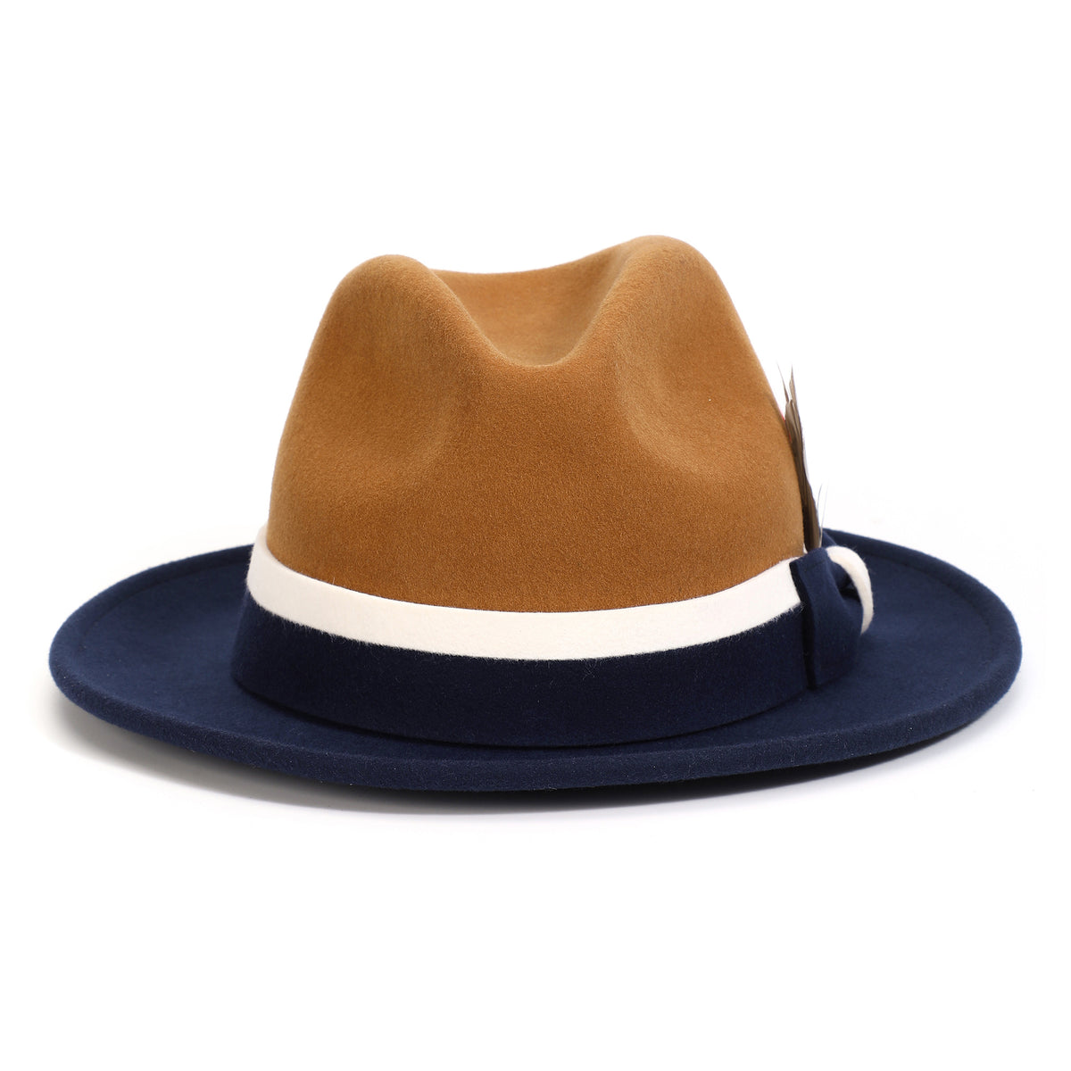 Cappuccino and navy H-101 felt fedora by Montique - rear view