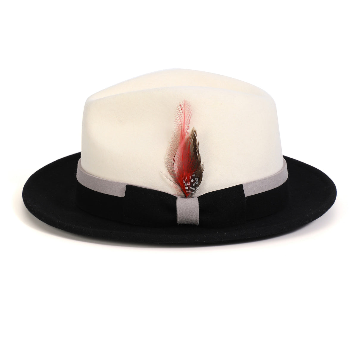 White and black H-101 felt fedora by Montique - front view with contrast bow and feather