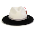 White and black H-101 felt fedora by Montique - rear view of crown, brim, and band