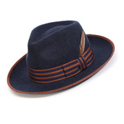 Navy Wool Felt Fedora Hat with Striped Band and Feather by Montique